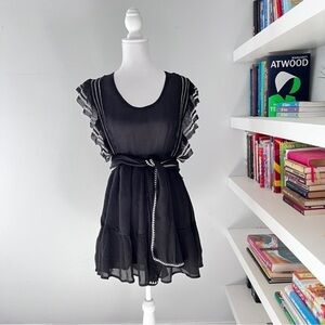 IRO Scoop Neck Black Belted Mini Dress with White Embroidered FR Size 38